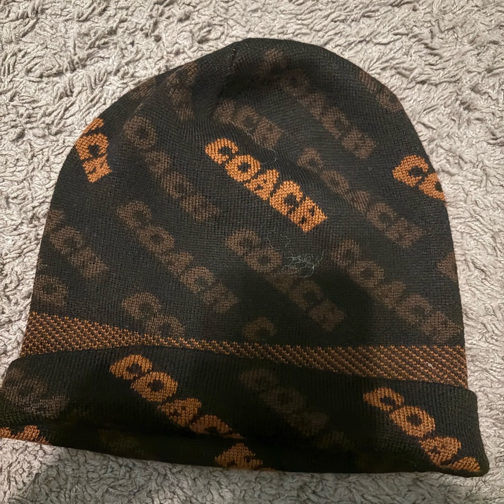 Coach Black and Orange Logo Beanie